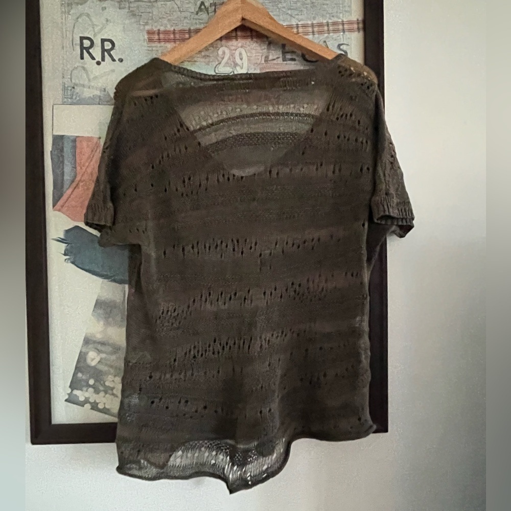 Eileen Fisher 100% Linen V-Neck Open Knit Green/Khaki Short Sleeve Top L